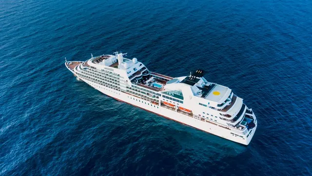 A ship on a bright blue sea
